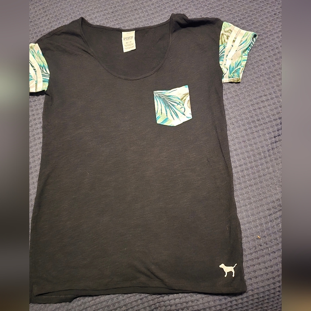 Victorias Secret PINK Black T-Shirt with Tropical Sleeves